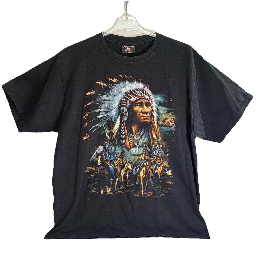 VTG Rock Chang Native Indian Chief Warrior 90’s T-Shirt XXL Black Single Stitch